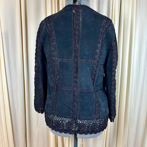 Scully Vintage Suede / Crocheted Black Patchwork Button Dn Boho Cardigan Jacket - Picture 3 of 13